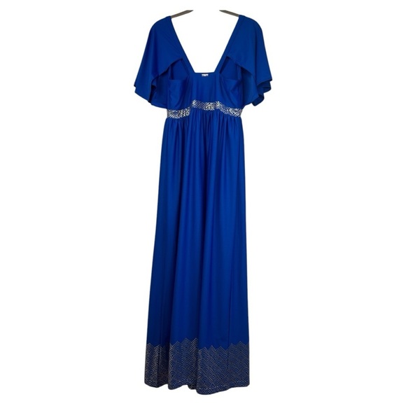 Cabana Life Blue Flutter Sleeve Gold Trim Maxi Dress NWT Size: Medium - Picture 10 of 16